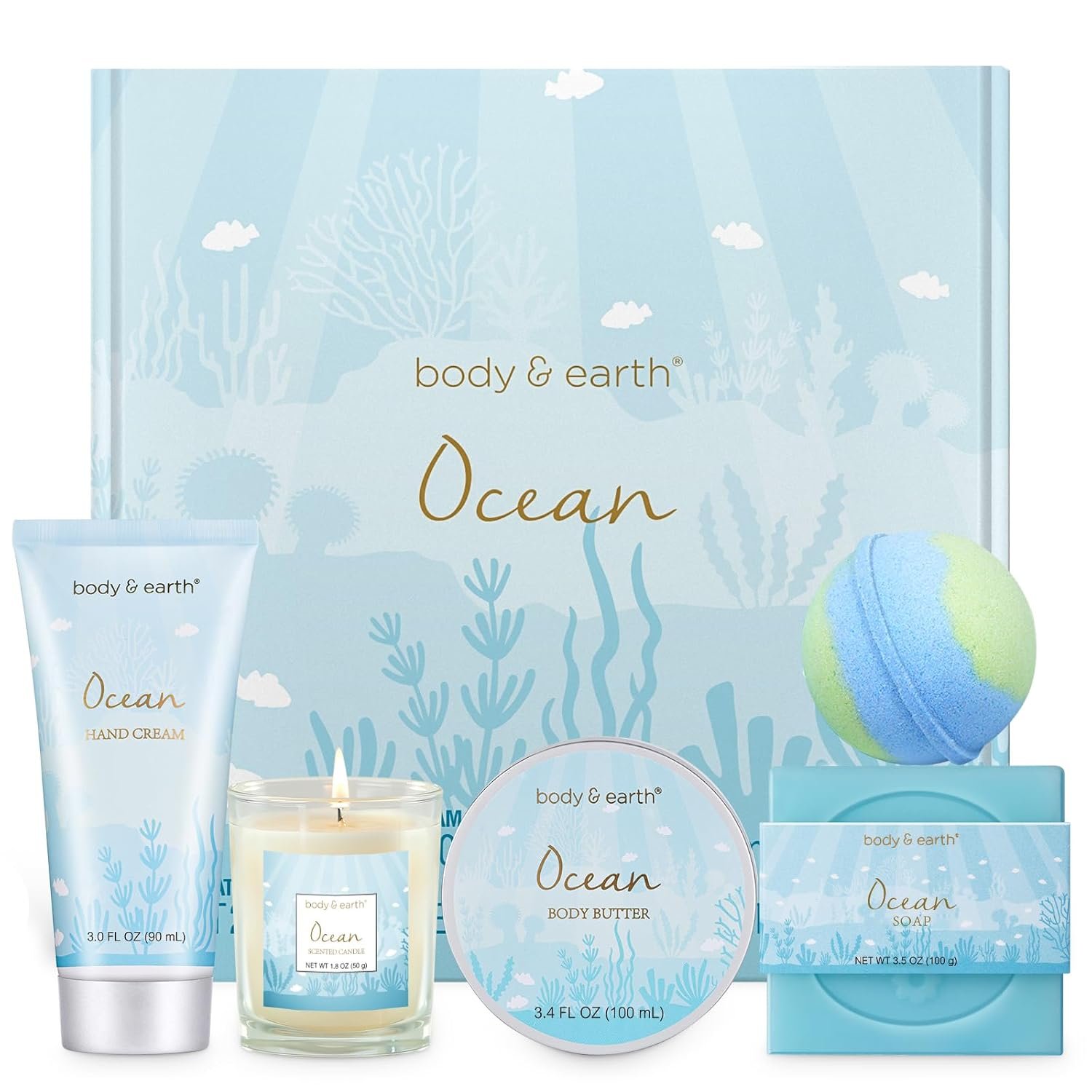 Gifts for Women, Bath and Body Womens Gift Sets with 5 Pcs Ocean Scented Spa Gifts for Women Bath Gift with Scented Candle Body Butter Hand Cream Bath Bomb Mothers Day Gifts