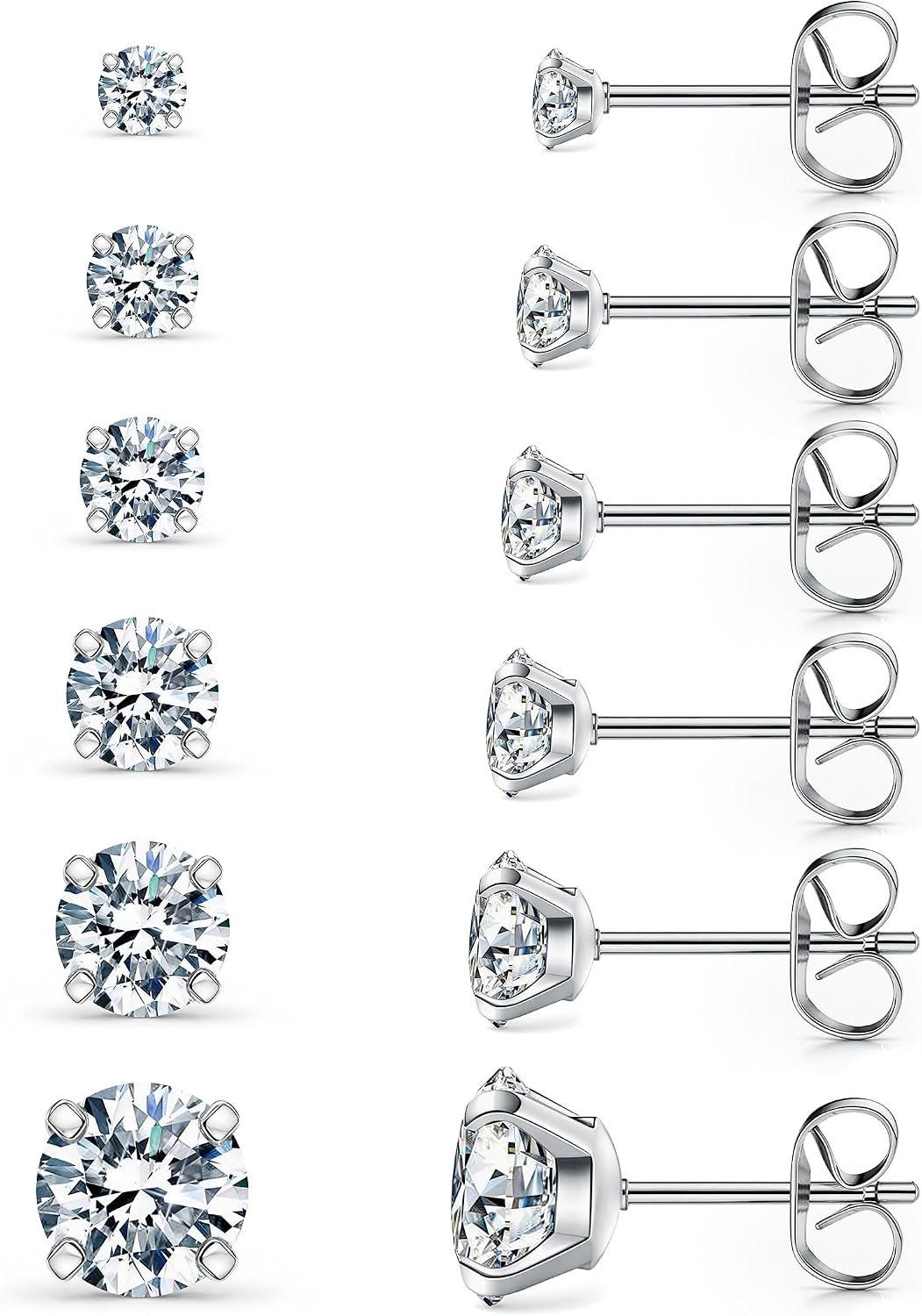 6 Pairs Stud Earrings Set, Hypoallergenic Cubic Zirconia 316L Earrings Stainless Steel CZ Earrings 3-8mm (Steel color)