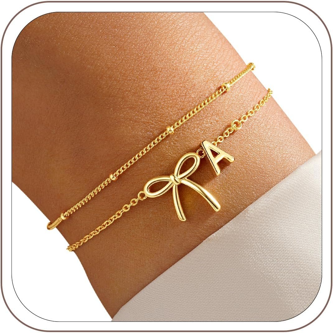 Turandoss Dainty Initial Bow Bracelets for Women Teen Girls