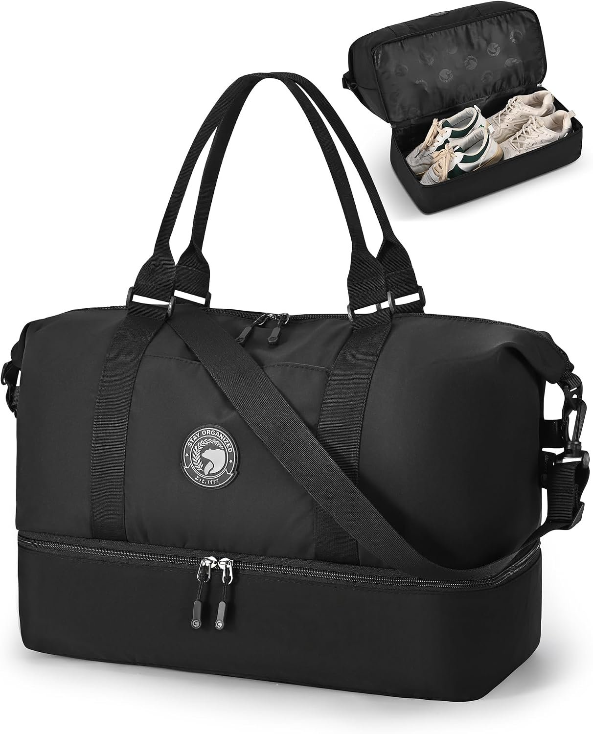 TSA Approved Spirit Frontier Airlines Personal Item Bag 18x14x8 with Shoe Compartment Tote Carry on Weekender Overnight for Women Men Black