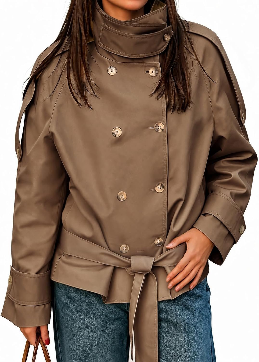 Cicy Bell Womens Short Trench Coats Double Breasted Casual Belt Fall Jacket
