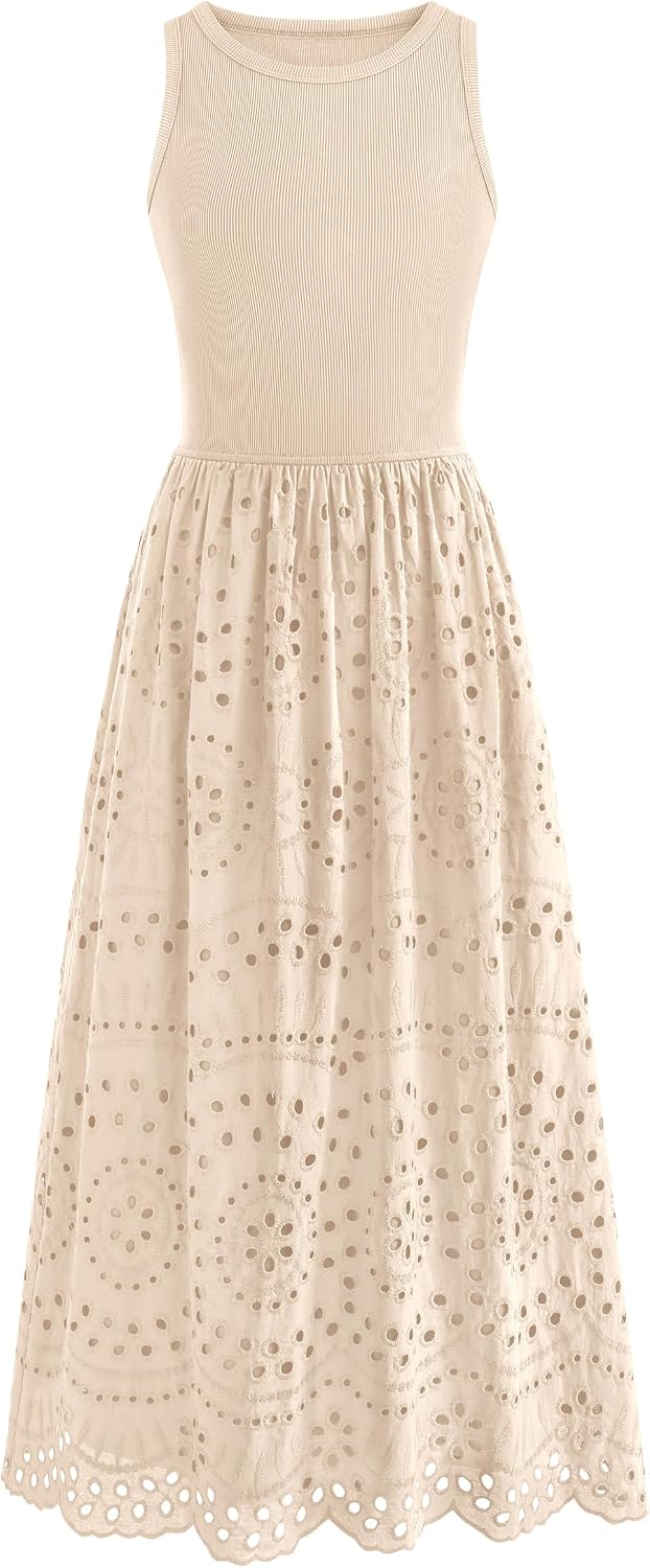 dowerme Women Sleeveless Lace Eyelet Cotton Tank Maxi Dress