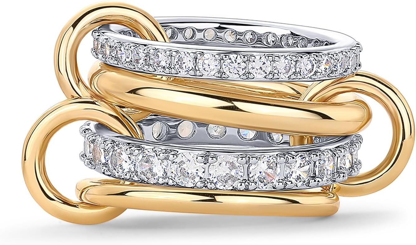 PAVOI 14K Gold Plated Interlocked Stackable Rings for Women – Statement Mixed Metals Multi Ring Stack – Cubic Zirconia Two-Toned Connected Bands Stacking Jewelry