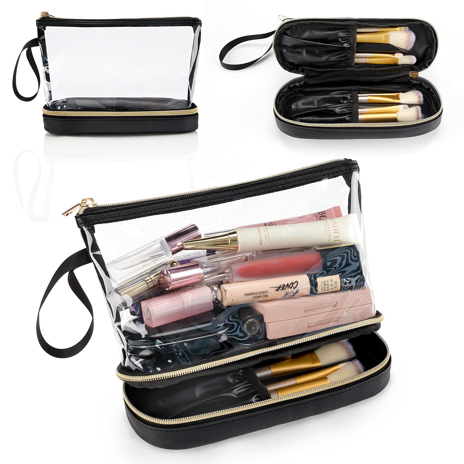 Clear Makeup Bag with Brushes Compartment Travel TSA Approved Toiletry Bag | Compact Lightweight Portable Convenient Brushes Separate Organizer Travel Essentials Gifts for Women/Girls