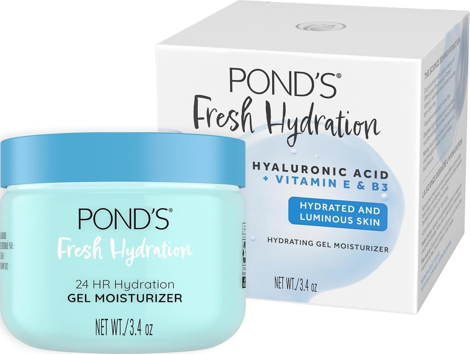 POND’S Fresh Hydration Gel Face Moisturizer, 24HR Hydration with Hyaluronic Acid, Vitamin E & B3 Niacinamide, Alcohol-Free, Oil-Free, Dermatologist Tested, 3.4 oz