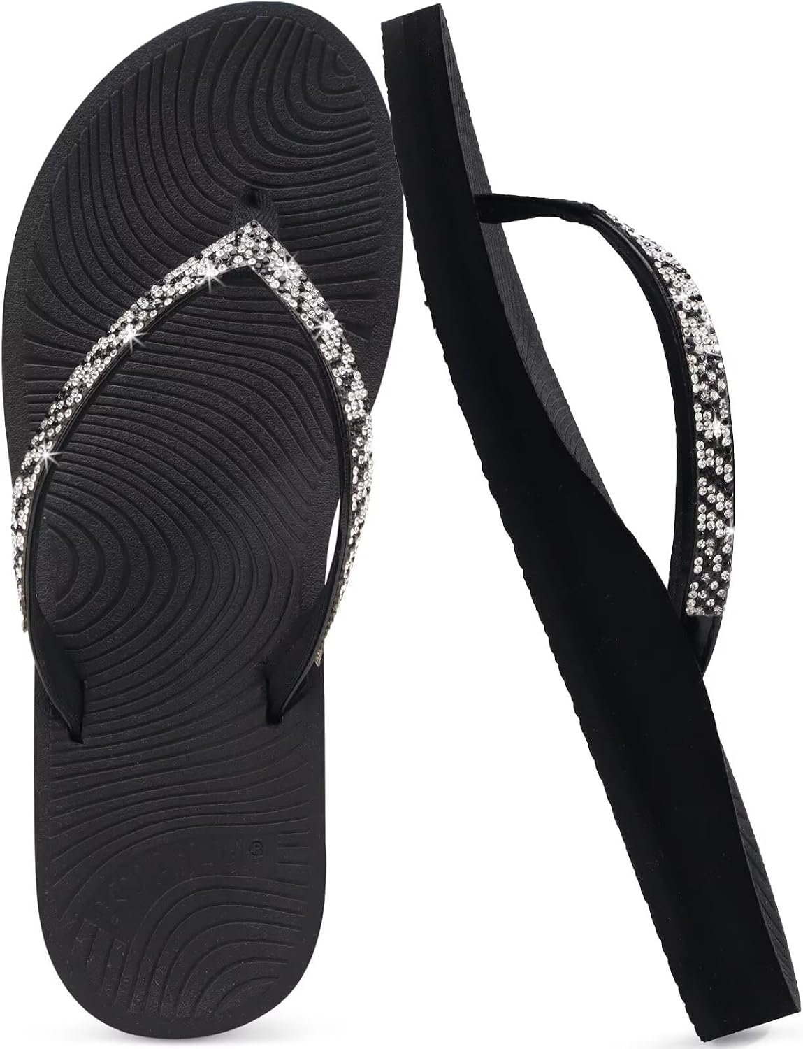 KuaiLu Women’s Rhinestone Flip Flops Arch Support Yoga Mat Cushion Sandals | Comfort Fashion Summer Beach Travel Orthotic Walking Thong Sandles Slip on Plantar Fasciitis Indoor Outdoor Shoes Size 5-11