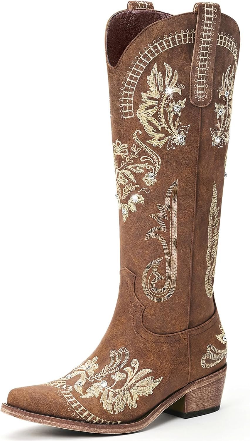Lumeheel Cowboy Boots for Women – Knee High Western Cowgirl Boots, Sparkly Rhinestone Retro Country Boots with Classic Embroidered, Pointed Toe Chunky Heel Pull on Zipper Fashion Vintage Tall Boots
