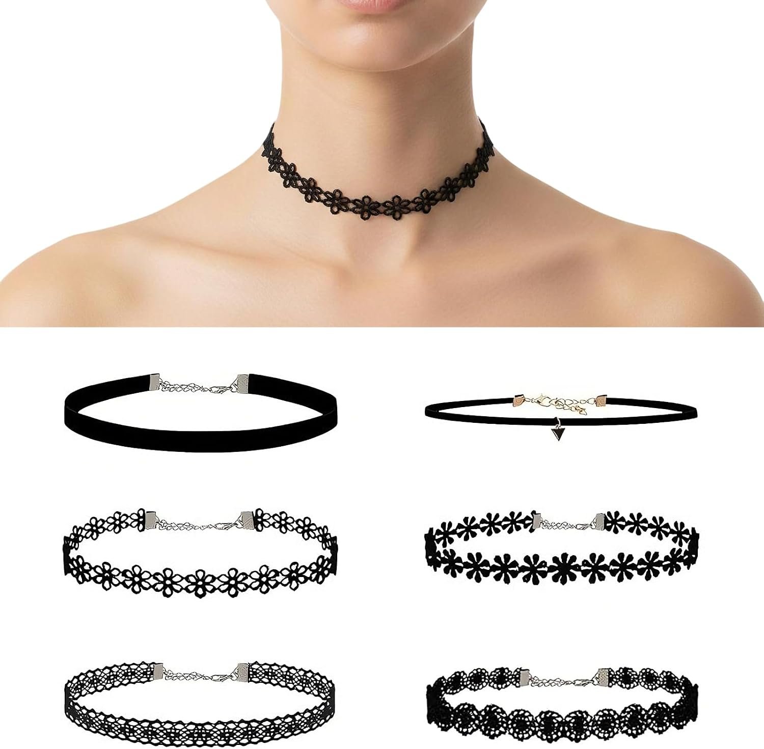 6 Pcs Black Choker Necklace Set for Women, Velvet Lace Gothic