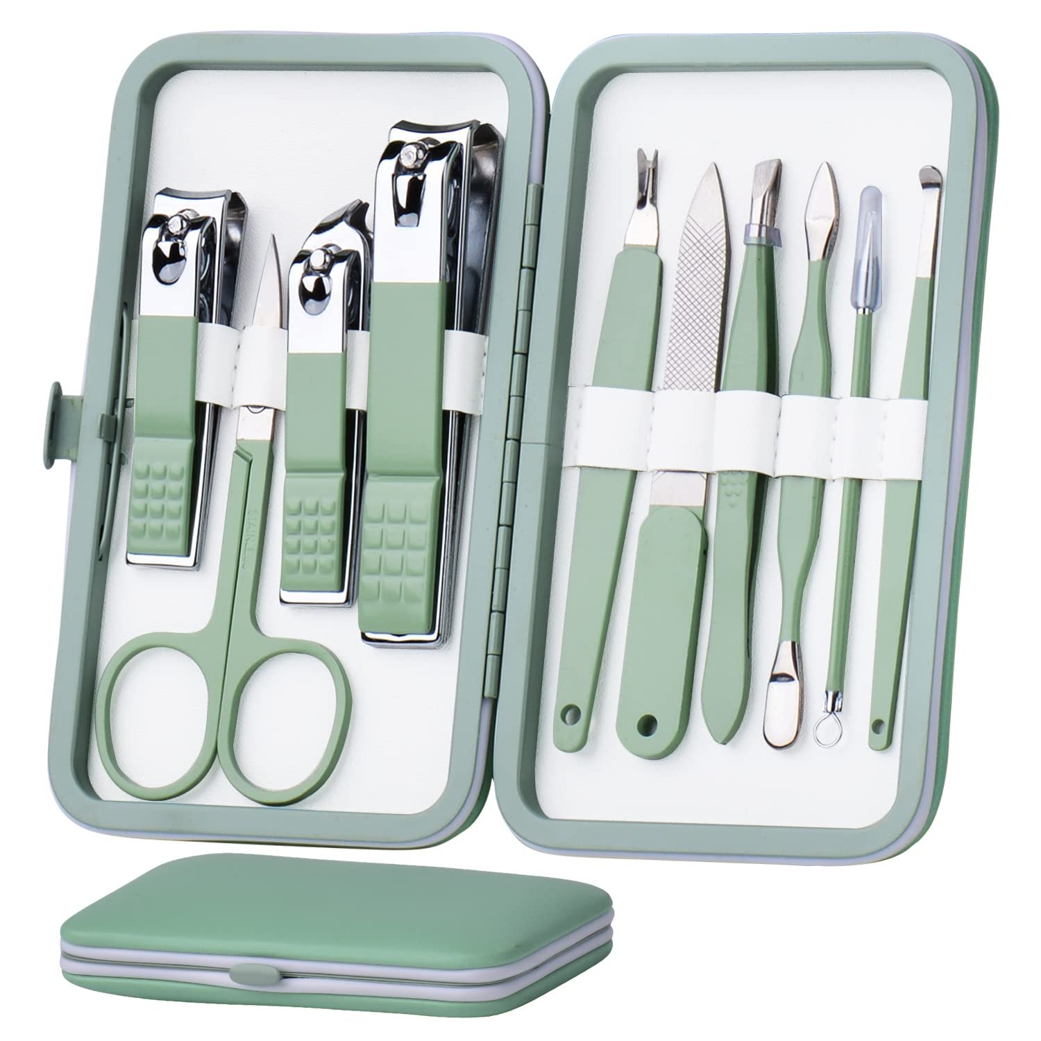 HANTEKAS Manicure Set 10 in 1 Stainless Steel, Nail Clippers Scissors Pedicure Tools Kit – Portable Travel Grooming Kit for Men and Women with Leather Case (Jade Green)