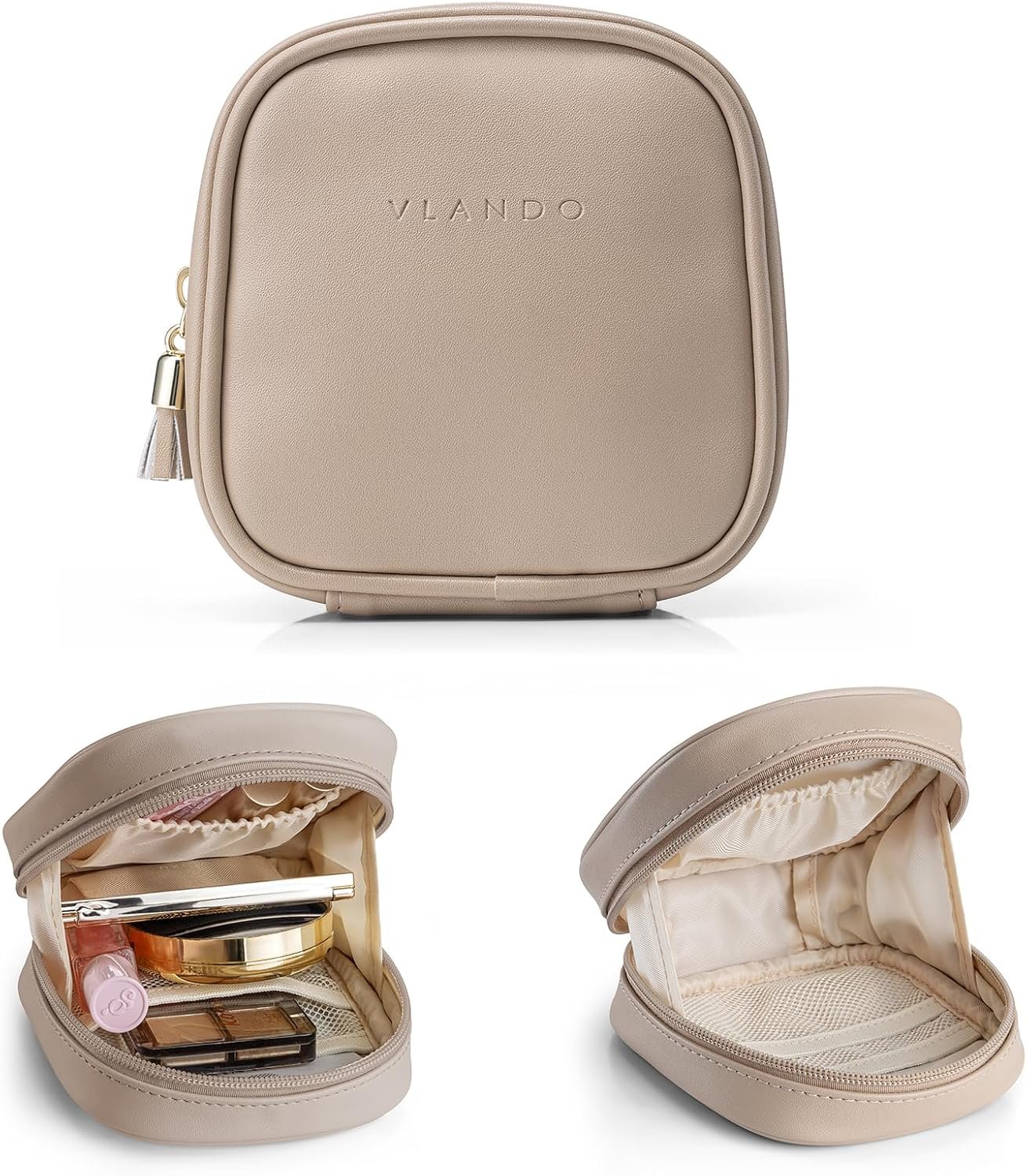 VLANDO Mini Makeup Bag,Water-Resistant Cosmetic Pouch with Pockets,Toffee