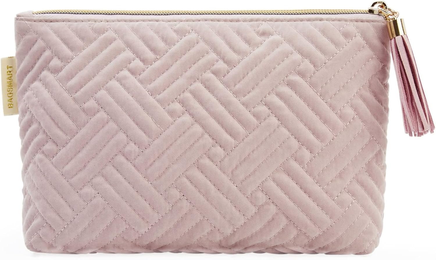 BAGSMART Small Makeup Bag for Women, Zipper Cosmetic Pouch for Purse | Quilted compact pink bag fits purses & totes. Organizes cosmetics, emergency kits & travel essentials with ease