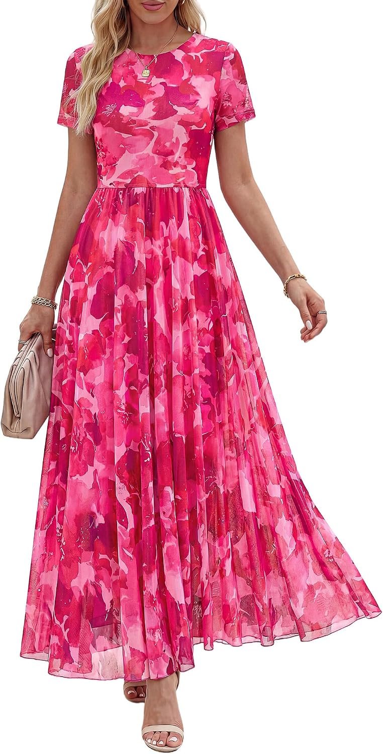 BTFBM Summer Dresses for Women 2026 Formal Short Sleeve Homecoming Dress | Crew Neck,Mesh,Floral,Loose Fit,A-Line,Party,Cocktail,Graduation,Prom,Bridal Shower,Wdding Guest Maxi Dress,Vacation Outfits
