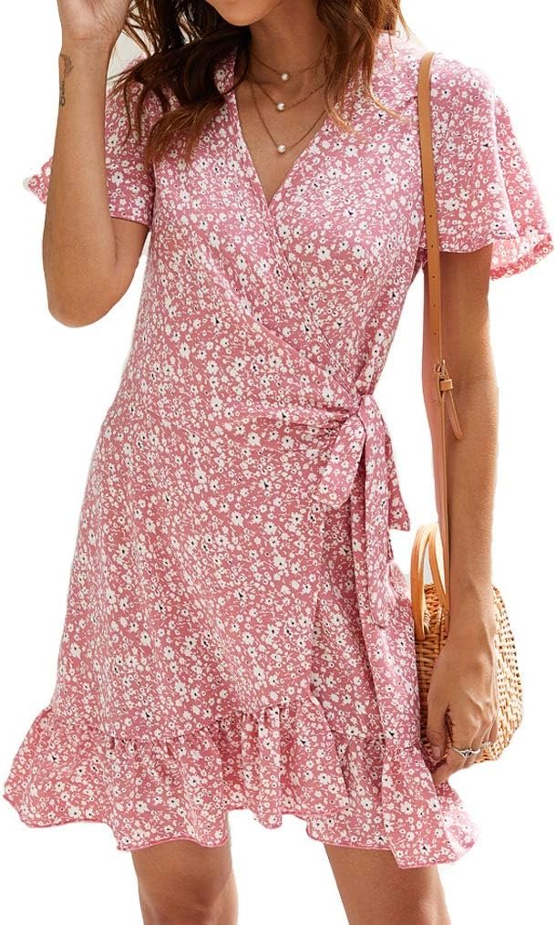 Naggoo Women’s Summer Wrap Dresses V Neck Polka Dot Print Ruffle Short Sleeve Mini Floral Boho Dress with Belt