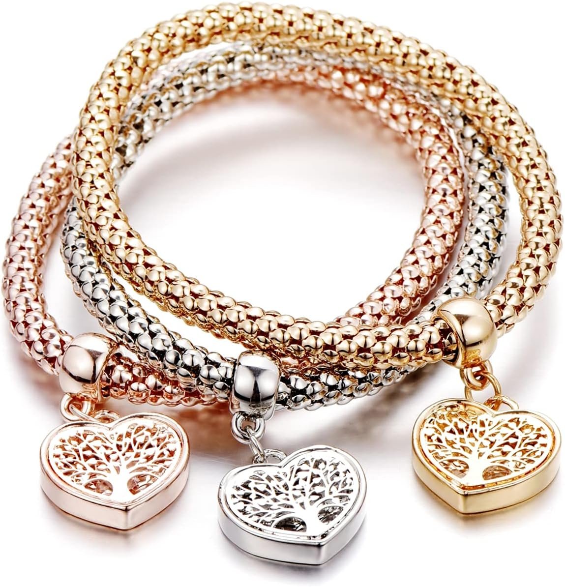SILANER Crystal Charms Multilayer Bracelets – 3PCS Gold/Silver/Rose Gold Corn Chain Bracelet for Women, Tree of Life Heart Shaped Stretch Bracelet