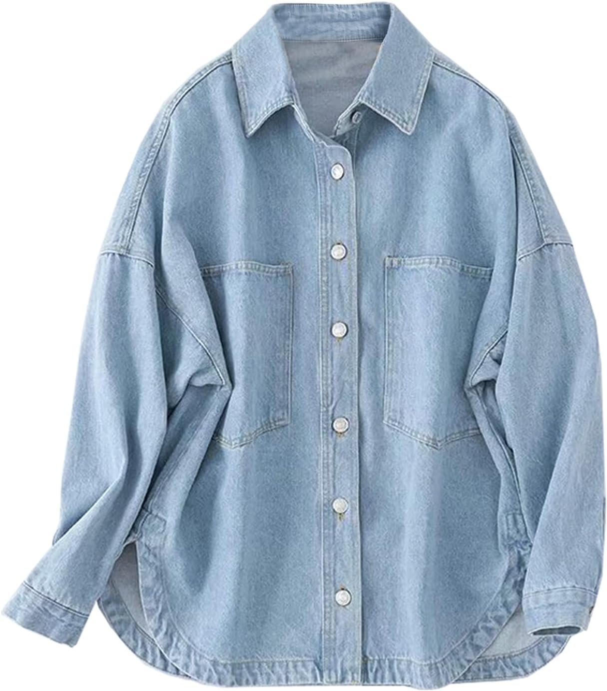 LifeShe Women Denim Shirt Jean Jacket Oversize Button Down Shirt Long Sleeve Jean Tops Trendy Shackets