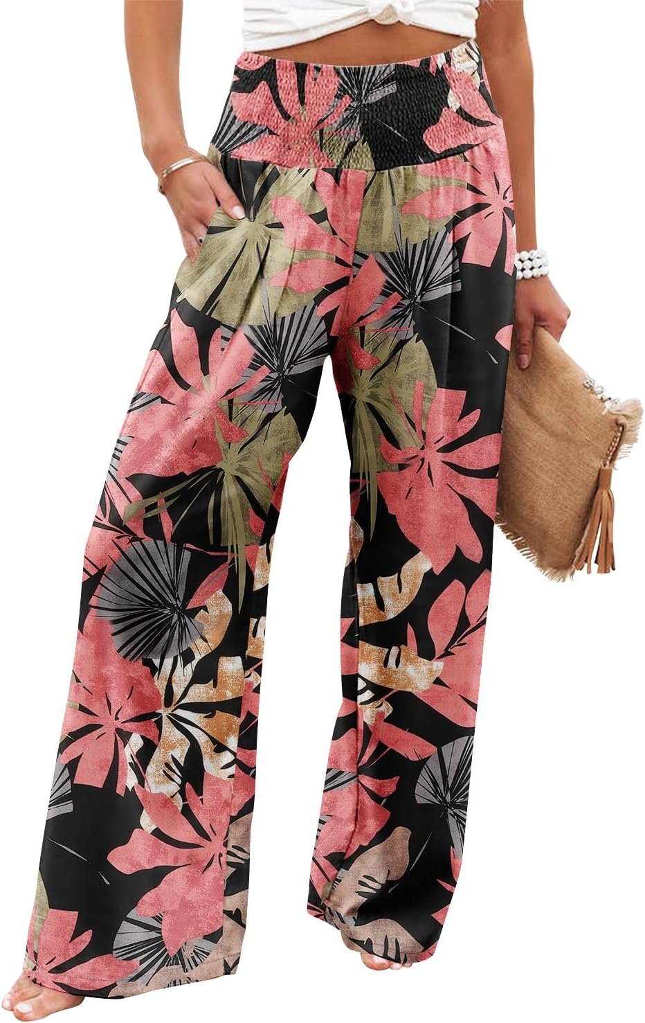 Angerella Womens Elastic High Waisted Palazzo Pants Casual Wide Leg Long Lounge Pant Trousers with Pocket