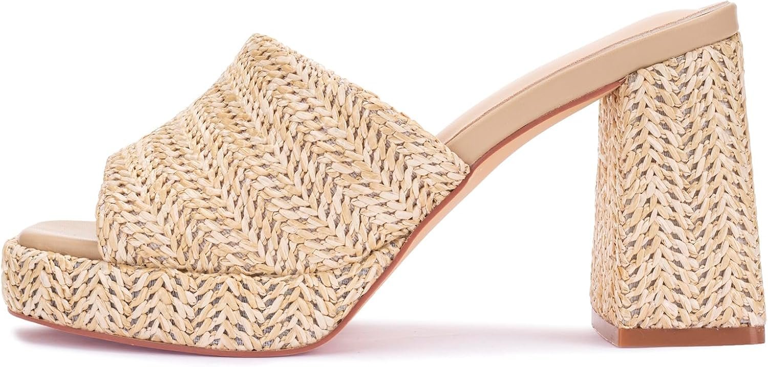 Monrovia Raffia Heeled Sandals for Women，Platform Wedge Slip On Block Heel, Dressy Summer Open Toe Chunky High Heel Vacation Beach Slides Sandals