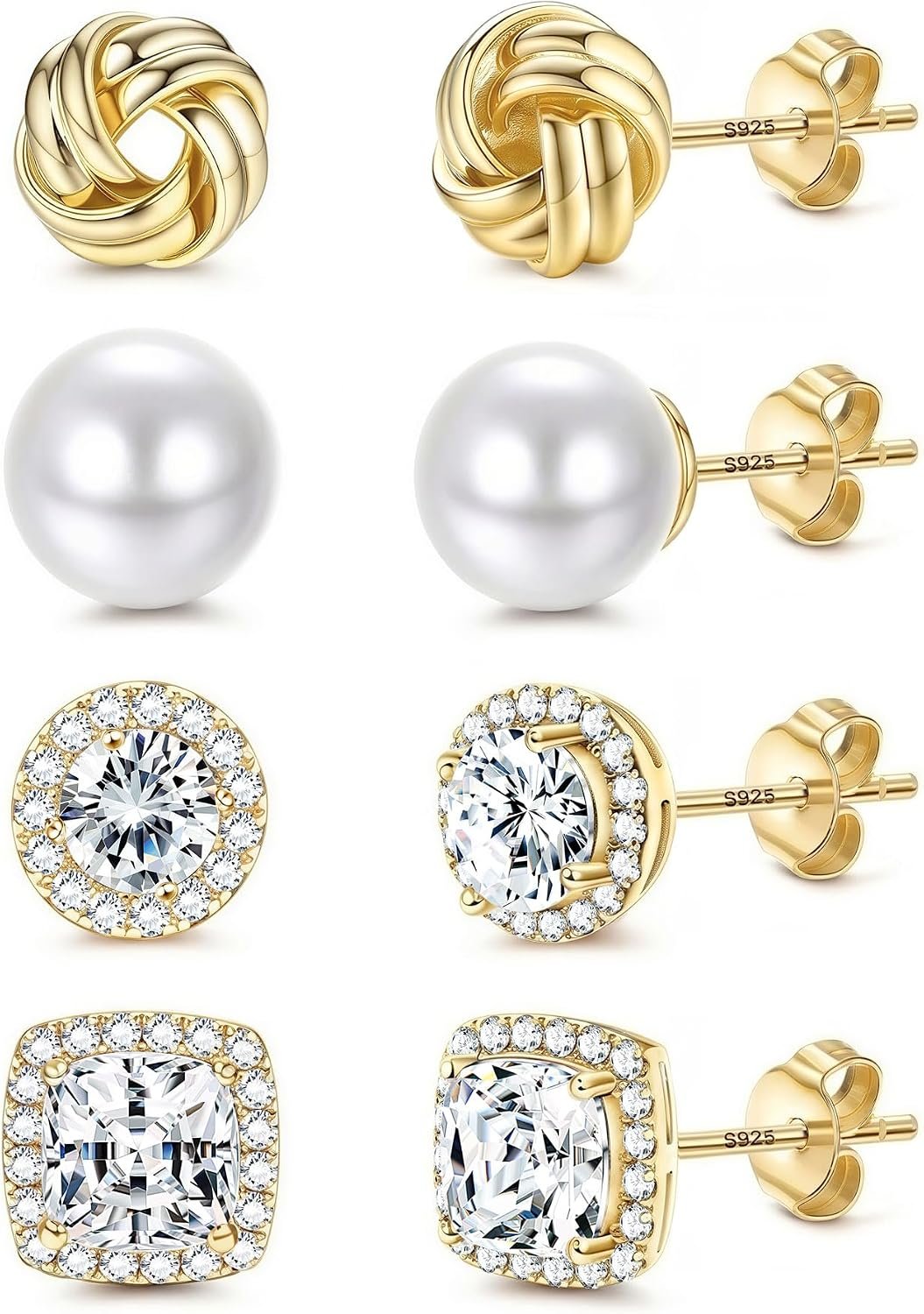 FIBO STEEL 4 Pairs Hypoallergenic Stud Earrings for Women 14K Gold Plated