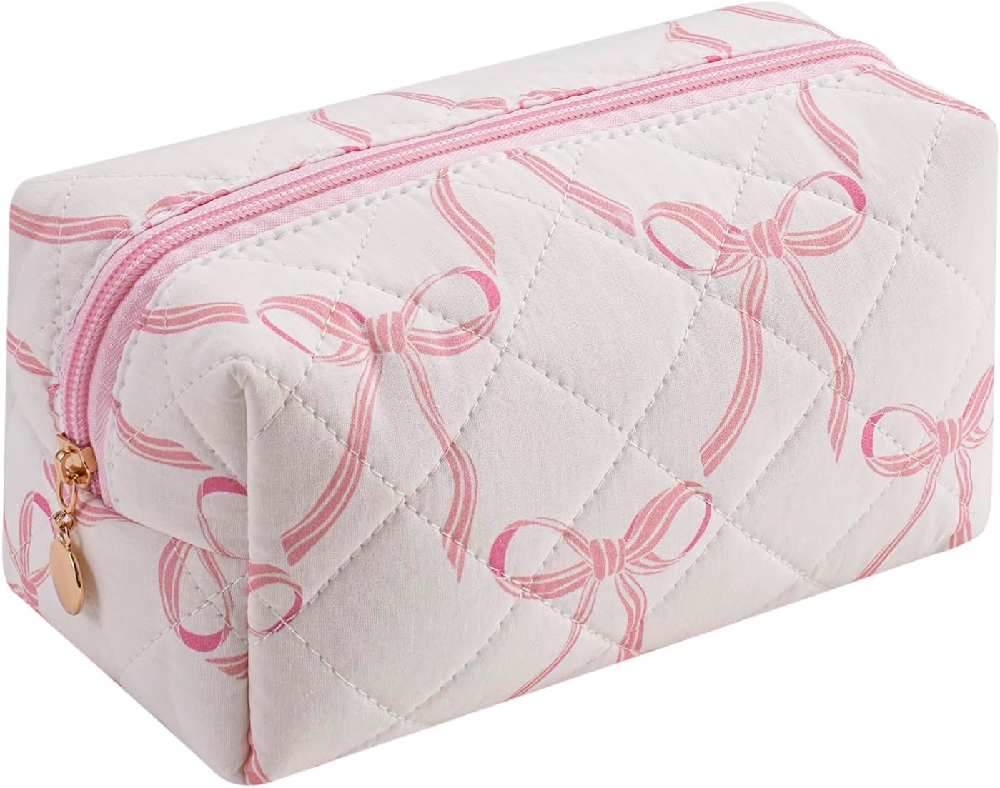 Quilted Cotton Makeup Bag Travel Cosmetic Bag for Women Girls, Zipper Make Up Pouch, Bow Pattern Toiletry Organizer Makeup, Portable Storage Bag (Pink/Whtie Bowknot)