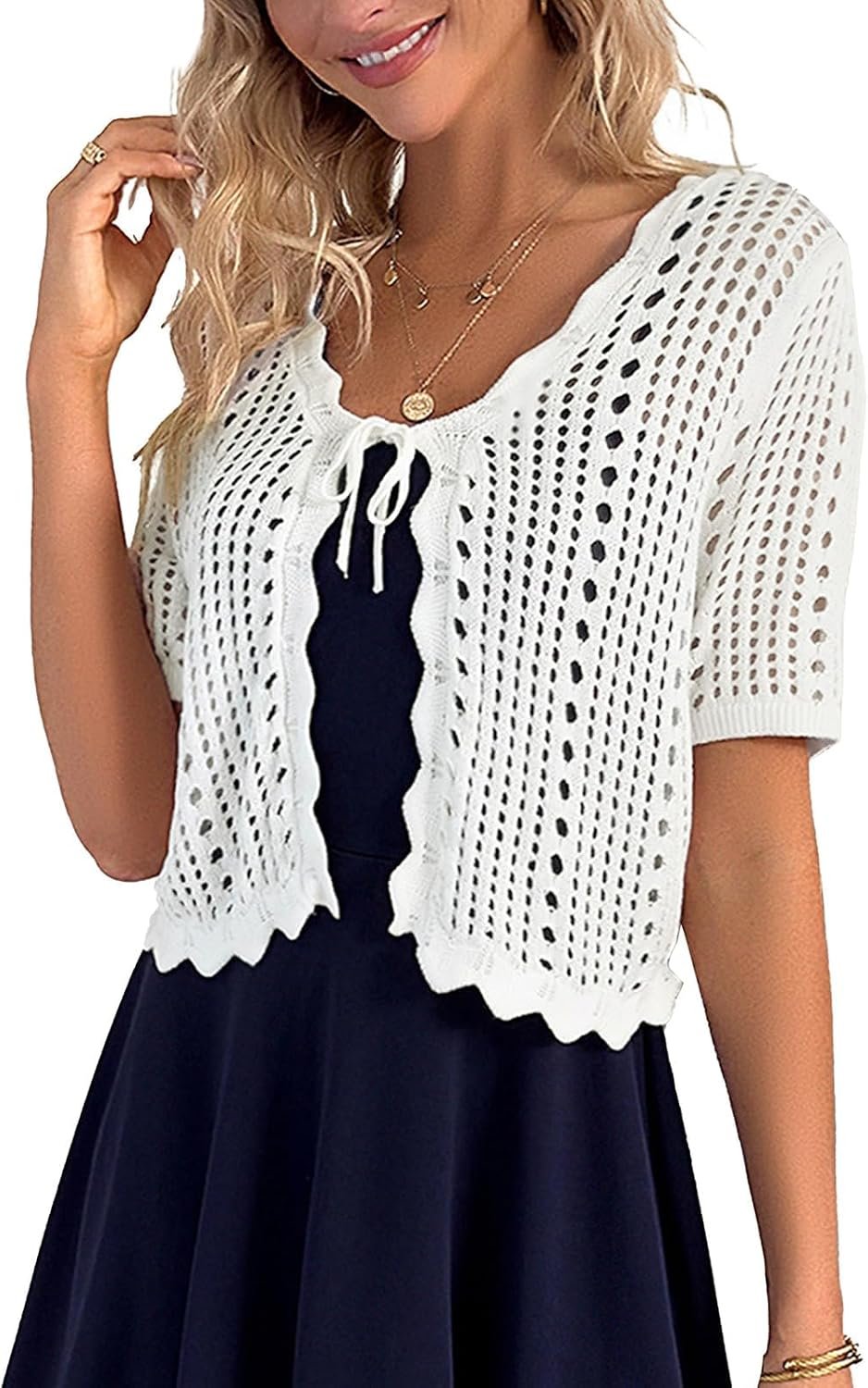 Kate Kasin Women Crochet Shrug Knit Sweater, Short Sleeve Cropped Cardigan
