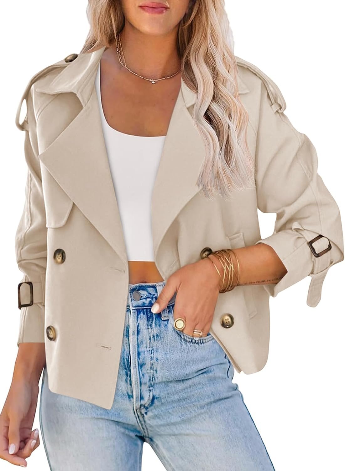 Saodimallsu Women Crop Double Breasted Trench Coat Short Cropped Jacket