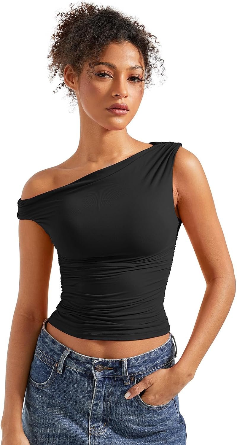 SUUKSESS Women Off Shoulder Tops Fitted Sleeveless Shirt Going Out Crop Top