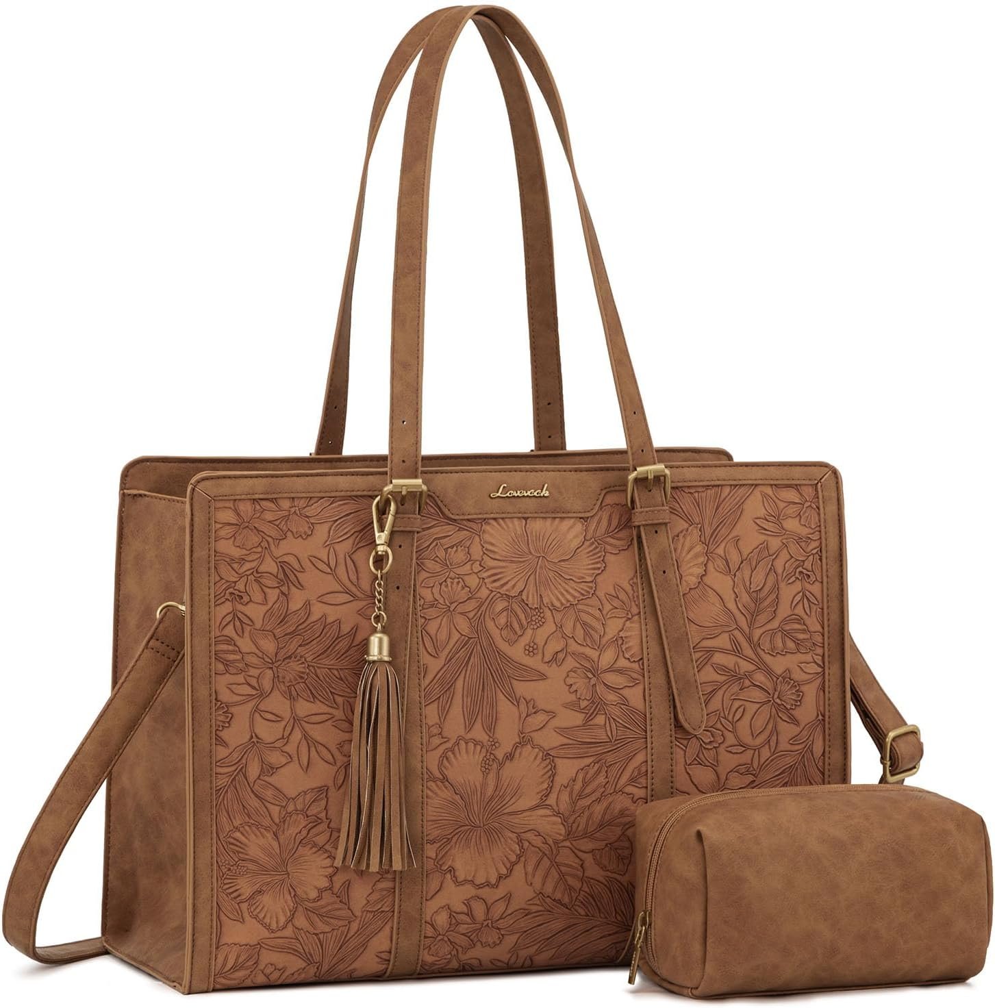 LOVEVOOK Laptop Bag for Women, Vintage Leather 15.6 Inch Work Tote with Large Cup Holder, Teacher Professional Computer Bag with Clutch Purse and Tassel for Office Business