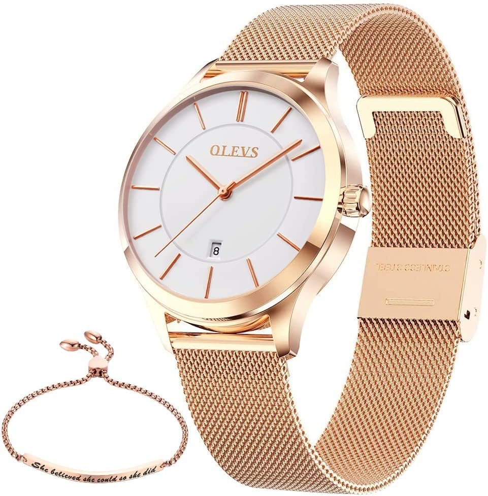 OLEVS Watches for Women and Bracelet Set Slim Casual Dress Ladies Wrist Watch Rose Gold