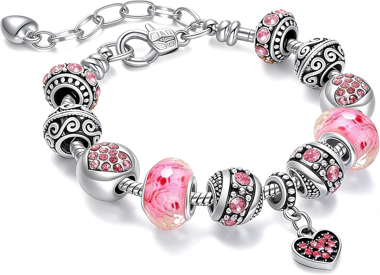 wmm Pink paired with silver plated pendant bracelet set, jewelry gift with beads, pendant, and adjustable snake chain, suitable for 7.5 inches+1.5 inches
