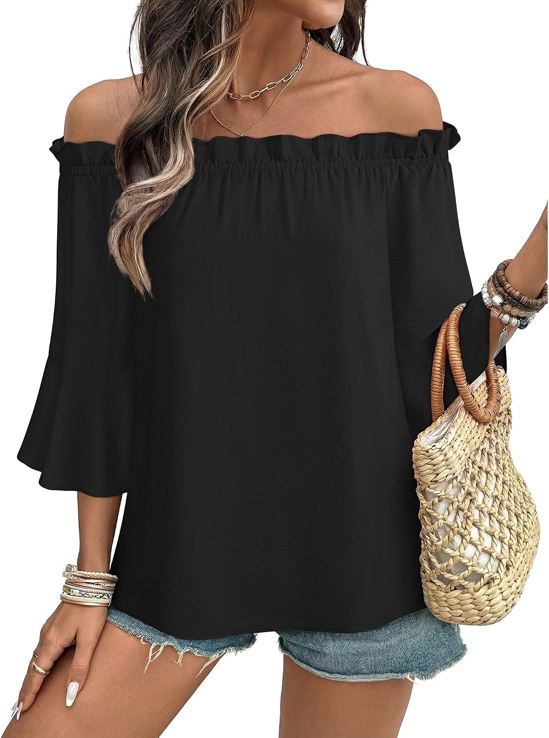 Gaharu Off The Shoulder Womens Tops Dressy Casual 3/4 Ruffle Sleeve Blouses