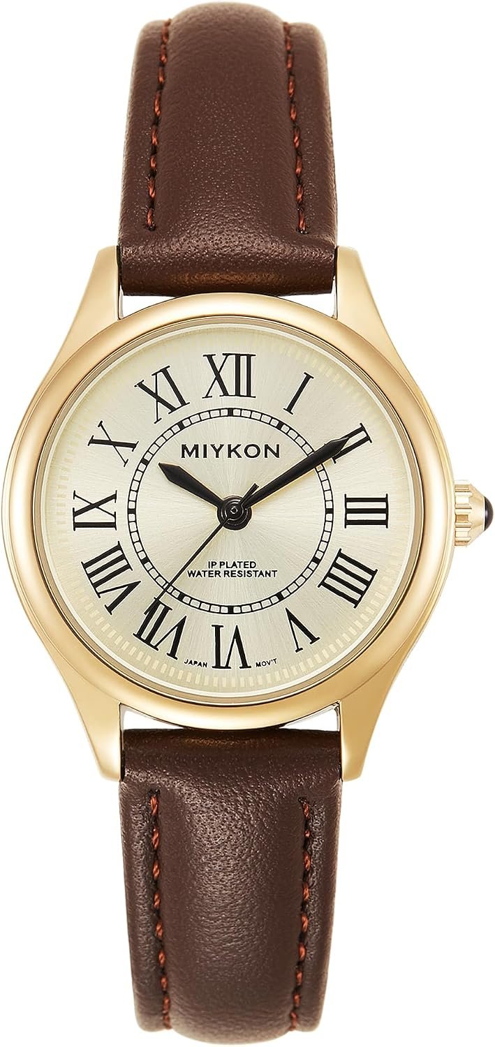 Miykon Women’s Dainty Vintage Watch, Genuine Leather Strap, Water Resistant | Classic Minimalist Design with Roman Numerals, Ion Polished Case, Japanese Quartz Movement with Second Hand