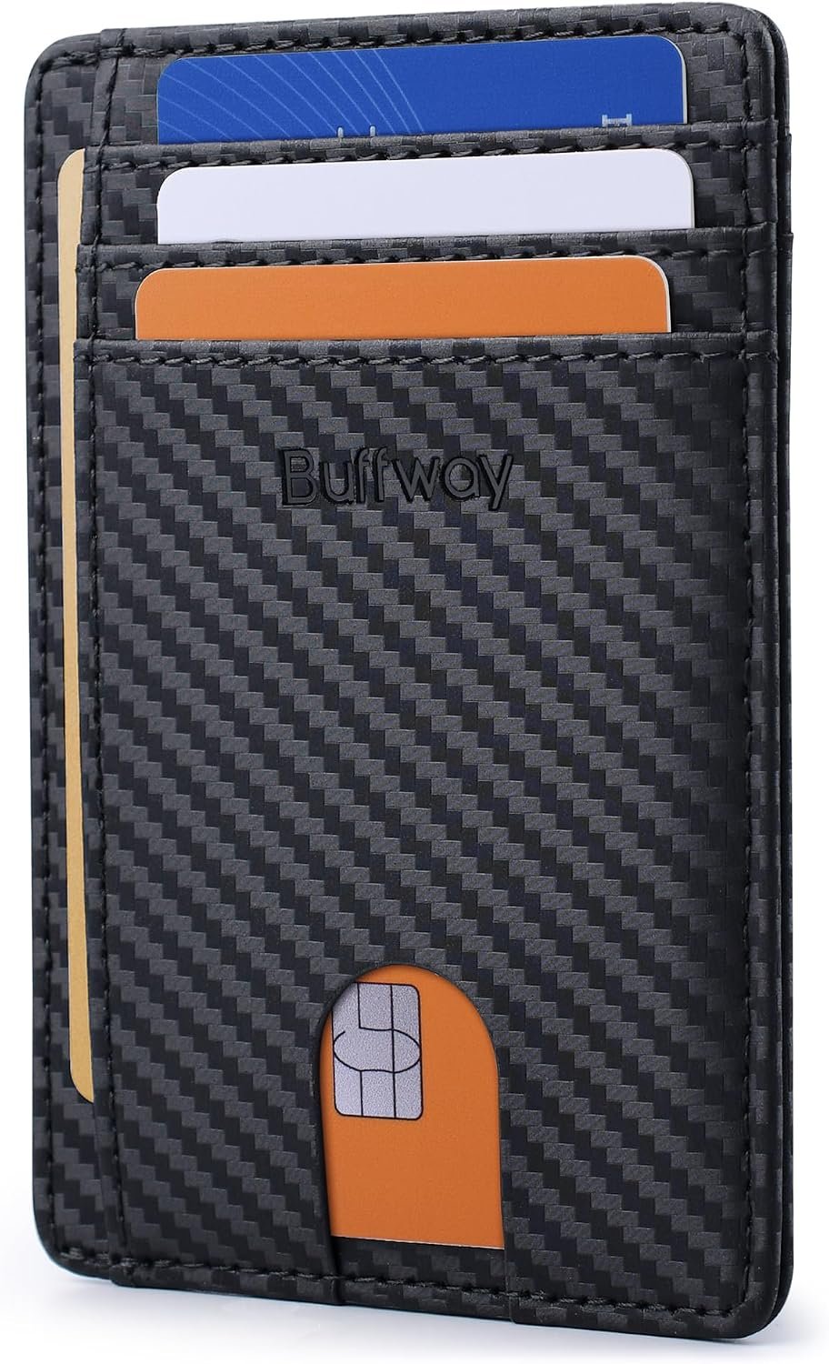 Buffway Slim Minimalist Front Pocket RFID Blocking Leather Wallets for Men and Women – Carbon Fiber Black