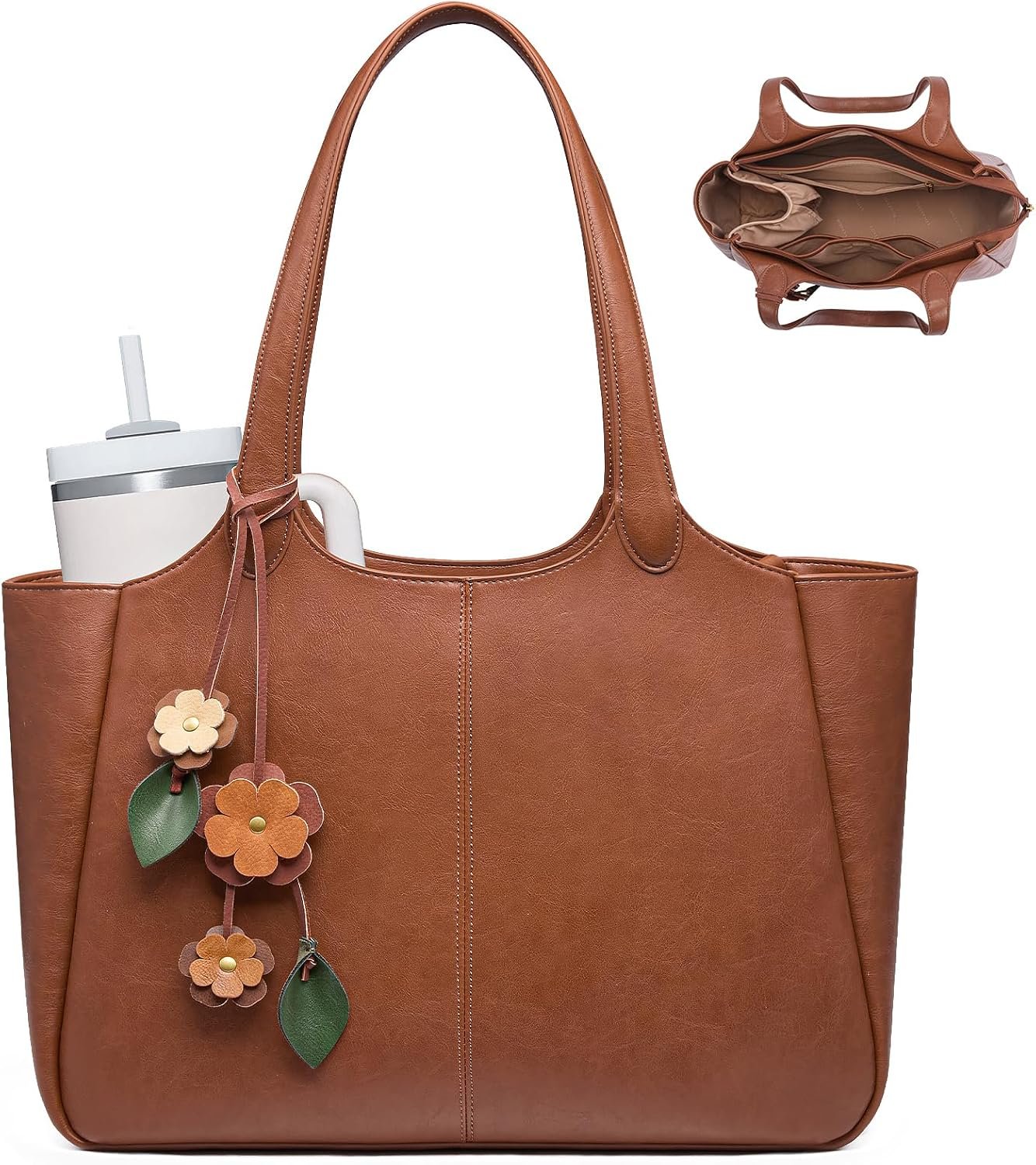 LOVEVOOK Leather Tote Bag for Women, Work Shoulder Bag with 40oz Cup Holder