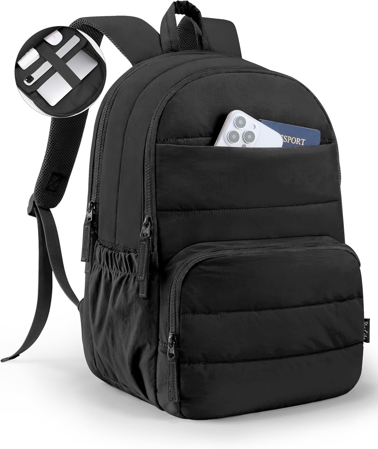 Uselike Travel Backpack for Women, 15.6 Inch Laptop Backpack, Quilted College Bookbag, Cute Work Backpacks, Water Resistant (Black)