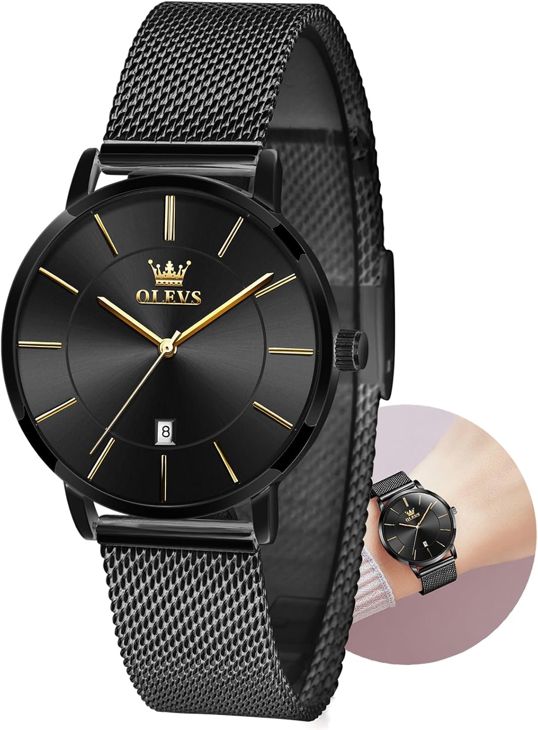 OLEVS Watch Women Mesh Watches for Women with Date Analog Quartz Ladies Watches Classic Dress Womens Wristwatch Waterproof （Blue/Black/White Face）