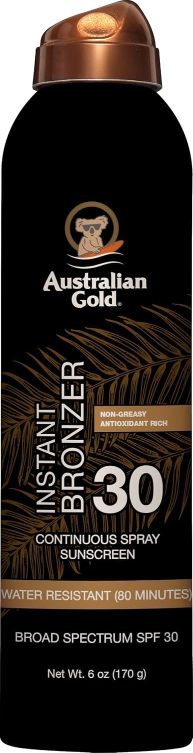Australian Gold Continuous Spray Sunscreen with Instant Bronzer SPF 30, Immediate Glow & Dries Fast Water Resistant NonGreasy Oxybenzone Free Cruelty Free, Bronzer New, Orange, 6 Oz
