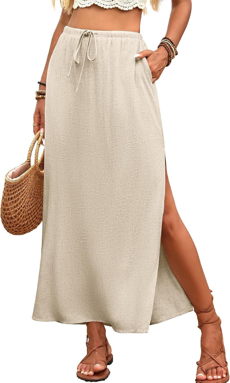 ELLEVEN Linen Straight Maxi Skirt with Side Slit-Long Flowy Skirt & Pocket