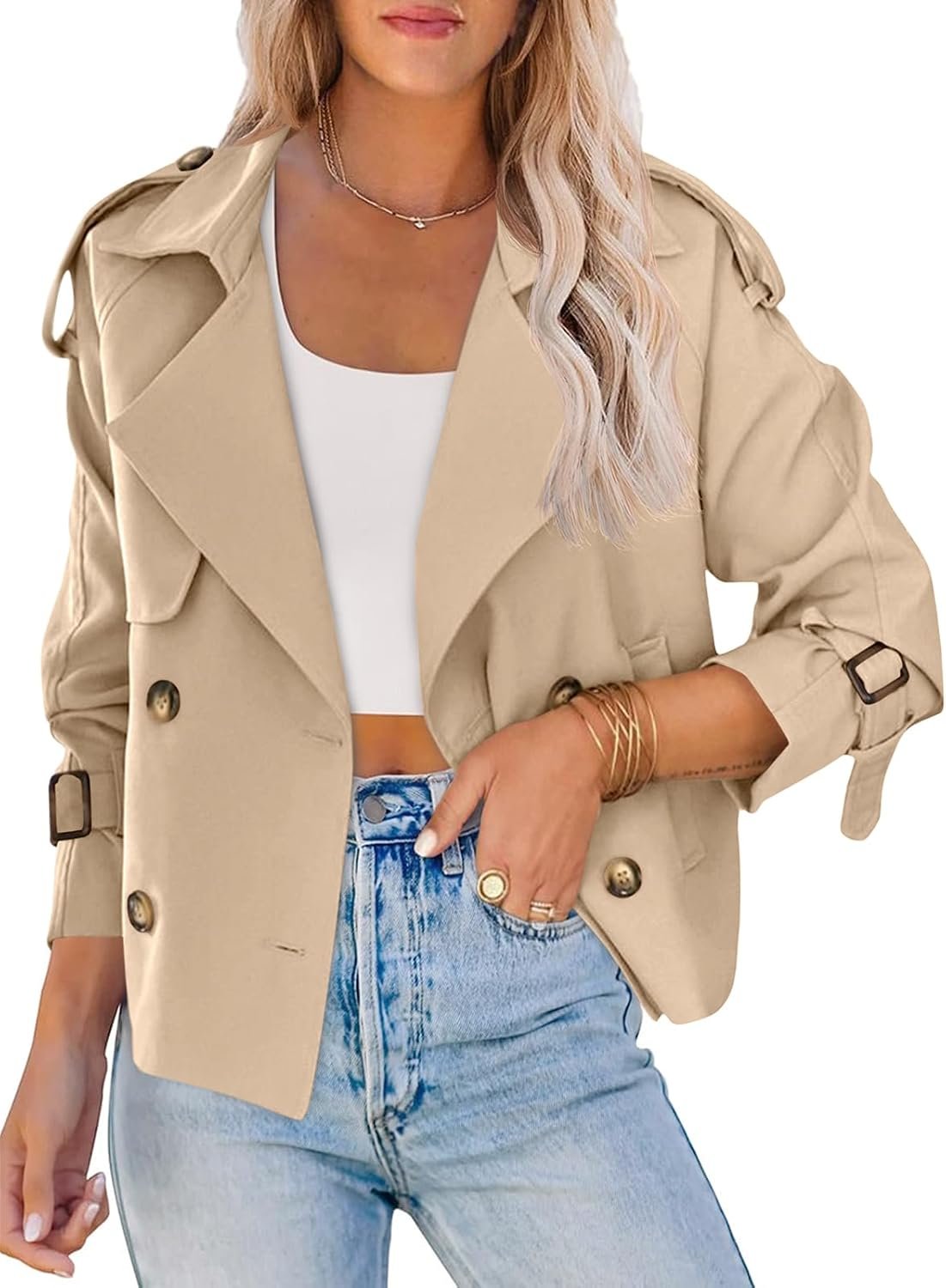 Saodimallsu Women Crop Double Breasted Trench Coat Short Cropped Jacket
