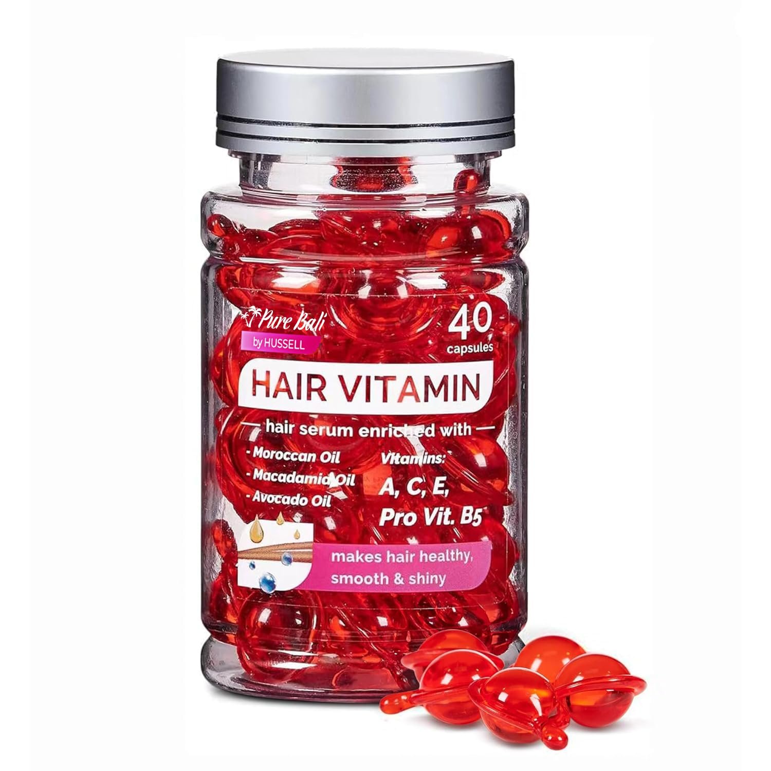 Hair Oil Capsules – Hair Vitamins A, E, & Pro B5 – Serum Enriched with Argan Oil, Macadamia, Avocado Oils & Moroccan Oil for All Hair Types Frizzy, Dry, Curly – For Women & Men (40 Capsules)