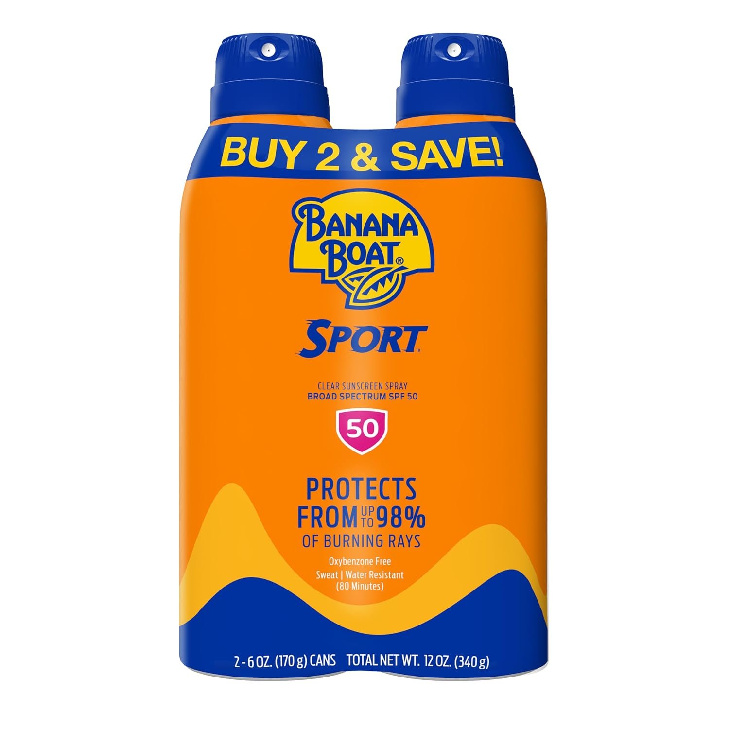 Banana Boat Sport SPF 50 Sunscreen Spray, 6 oz (2 Pack) | Sweat and water resistant sunblock spray, UVA/UVB broad spectrum protection, Lightweight formula, Outdoor use