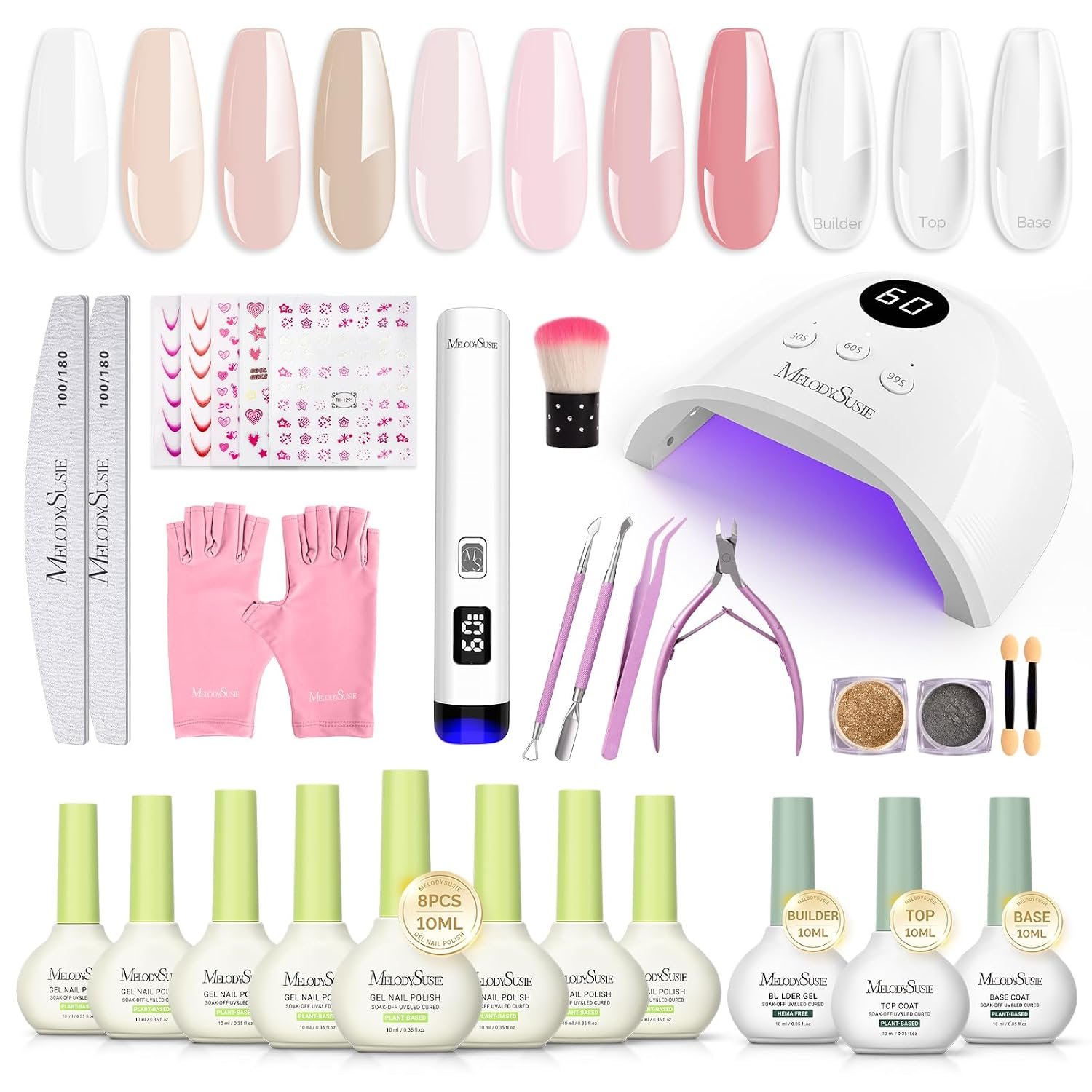 MelodySusie Gel Nail Polish Kit with P-Plus30F UV Nail Lamp – Handheld Cordless P-Art01R UV Light Classic Popular Colors Plant Based Gel Polish with Top Coat Base Coat Builder Manicure Tools