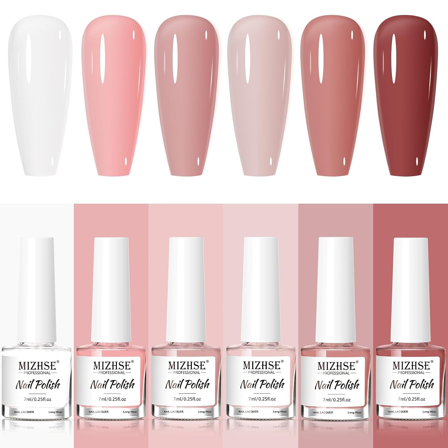 MIZHSE Quick Dry Nude Nail Polish Set: 6 Classic Colors Collection | Milky White Nude Pink Regular Nail Lacquer Fingernail Manicure DIY Nail Art Salon Gift for Women Girls