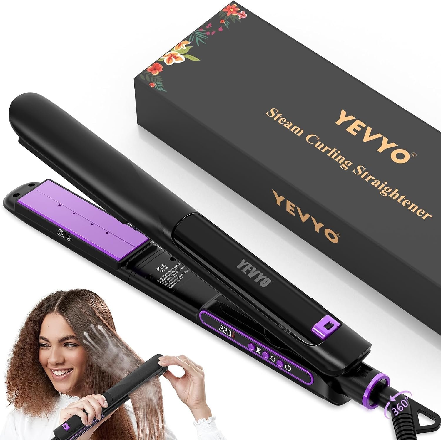 Steam Straighteners for Hair, Professional Salon Titanium Vapor Straightening Irons, High-end Salon Water Light Steam Flat Iron | 24 Hour Anti-frizz | Make Hair Smooth and Adds Shine（Purple）