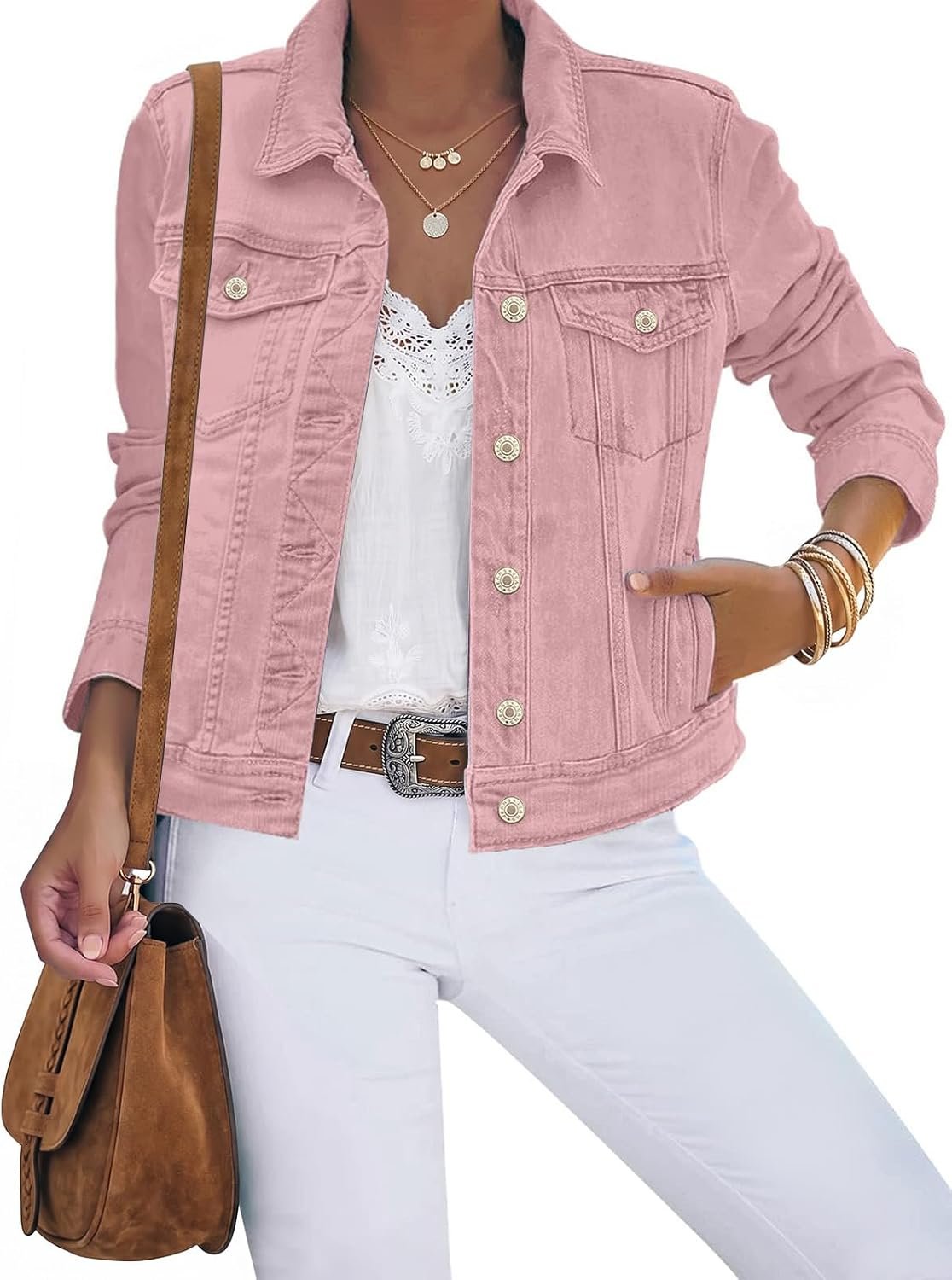 luvamia Women’s Basic Button Down Stretch Fitted Long Sleeves Denim Jean Jacket