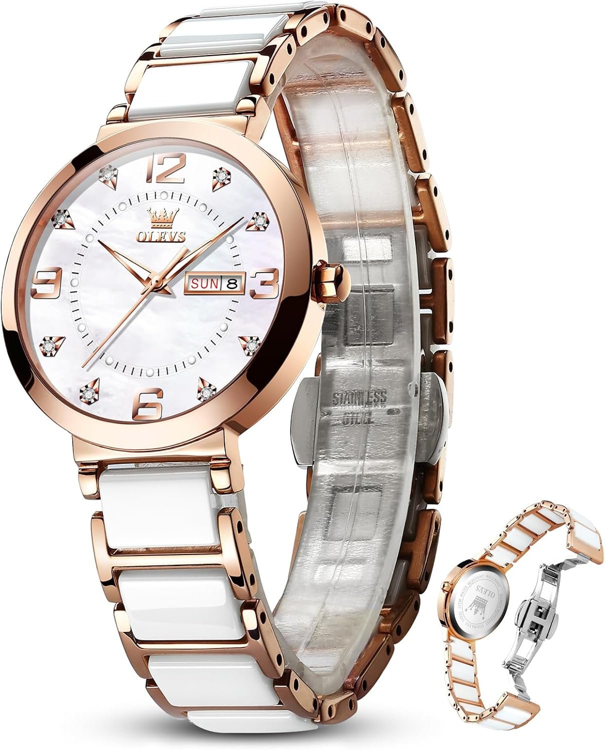 OLEVS Womens Ceramic Watches, Luxury Shinning Diamond Rose Gold Watch for Women, Analog Quartz Ladies Dress Watches, Waterproof Wrist Watches for Woman Reloj para Mujer for Anniversary Mother’s Day