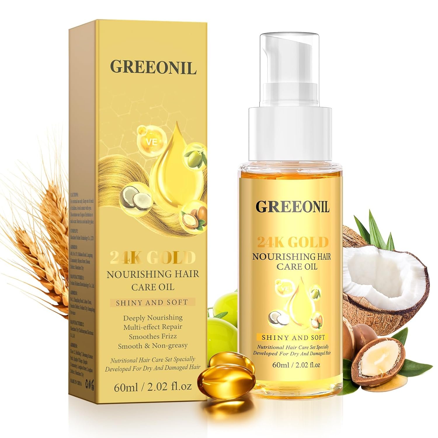 GREEONIL 24K Gold Argan, Coconut, and Olive Oil Serum for Frizz Control, Shine, and Split End Repair – Nourishing Hair Treatment with Vitamin E, 2.02 fl oz, 60ml