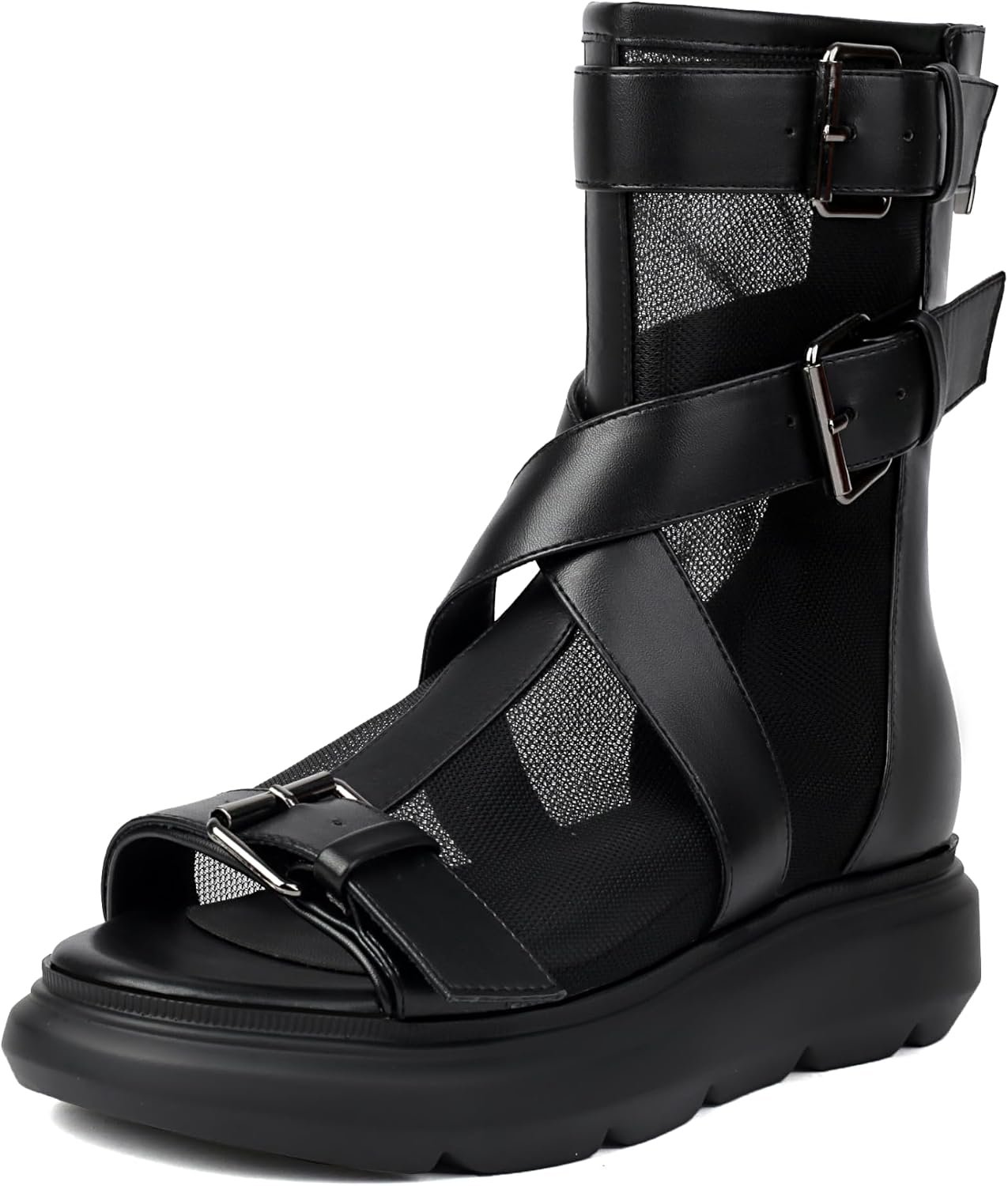 Black Leather Gladiator High Top Sandals for Women Open Toe Flat Platform Mesh Ankle Boot With Buckle Back Zipper Casual Travel Fashion Shoes