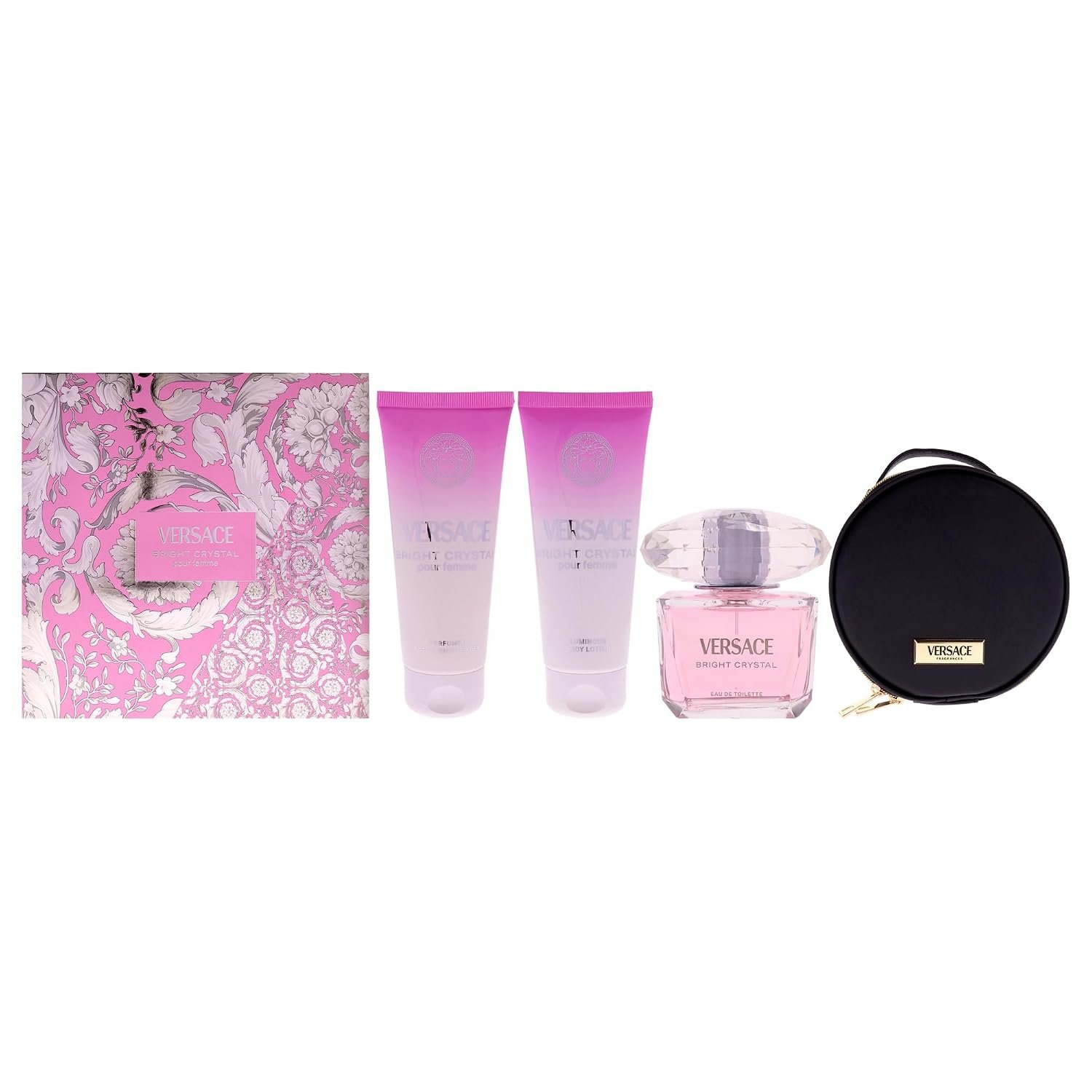 Versace Bright Crystal by Versace for Women – 4 Pc Gift Set 3oz EDT Spray, 3.4oz Body Lotion, 3.4oz Shower Gel, Round Make Up Case