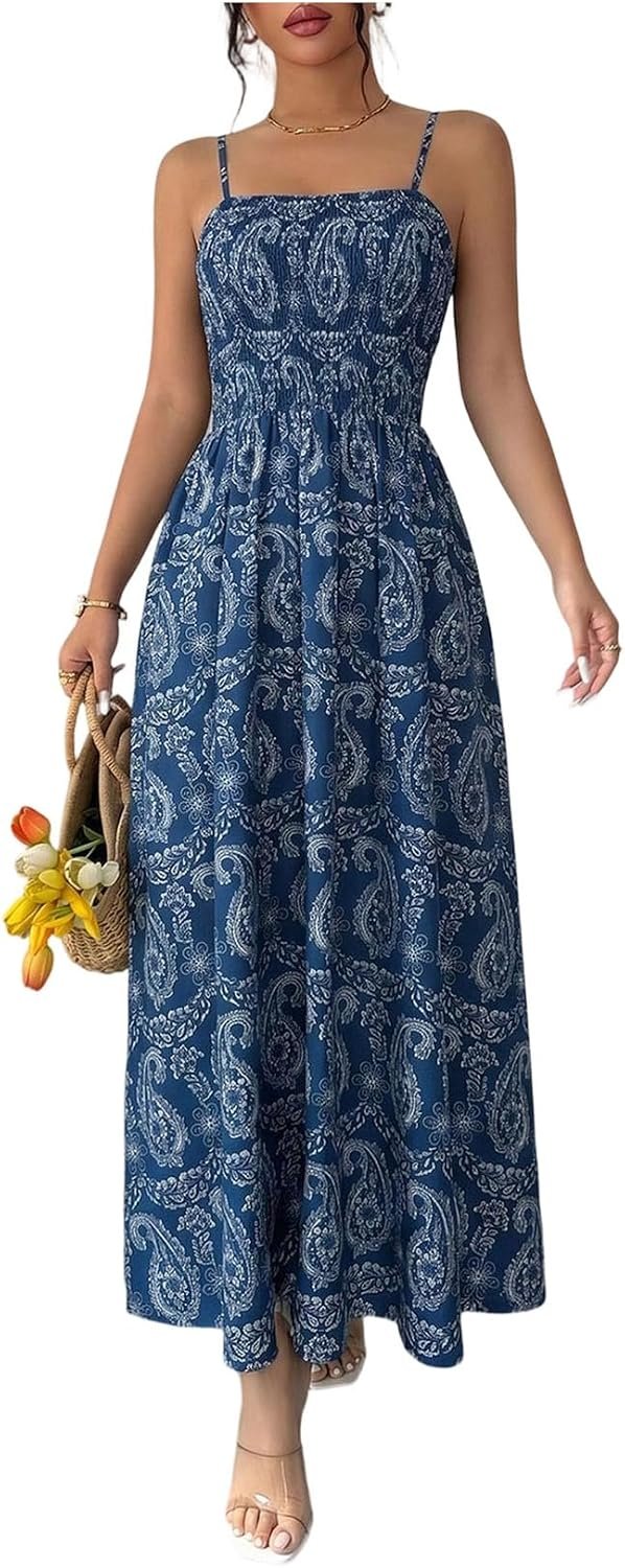 BEAUDRM Women’s Paisley Sleeveless Long Dress Boho Printed Spaghetti Strap Flowy A Line Summer Vacation Dress