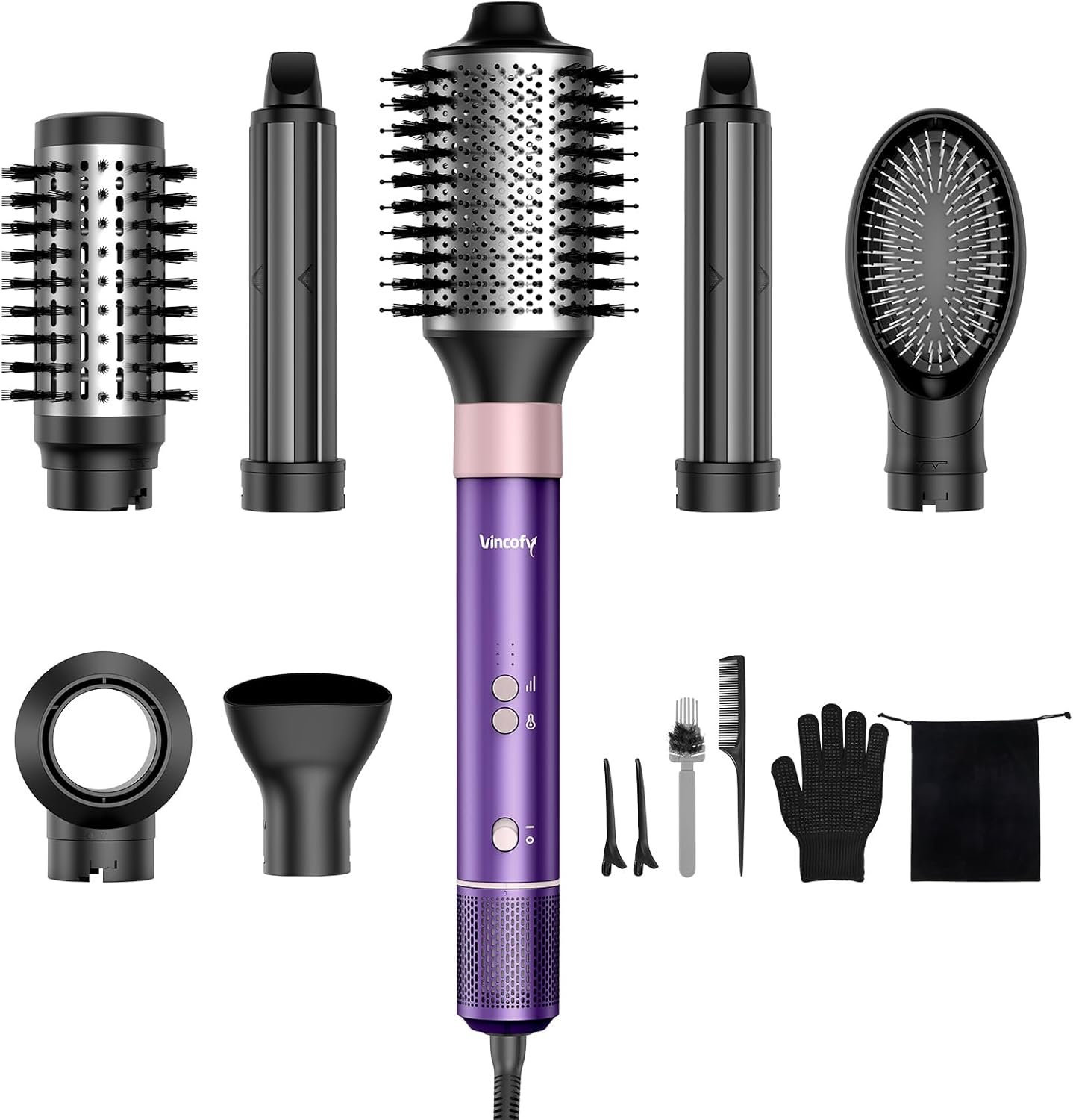 Vincofy 7‑in‑1 Hot Air Brush Set, Interchangeable Hair Styling Tools for Home Use, Purple
